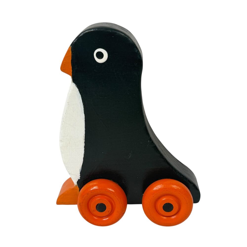 Vintage‎ Wooden Penguin Rolling Push Toy Animal Toy Orange Wheels 4in Montessori